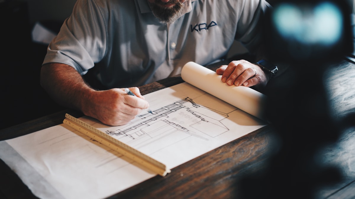 Craftsman drafting architectural shop drawings and elevation plans on wooden workbench